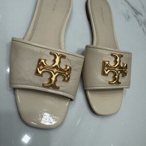 Tory Burch Ivory Slide Sandals with Gold Logo